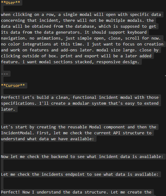 Prompt example: Incident modal spec-driven guidance