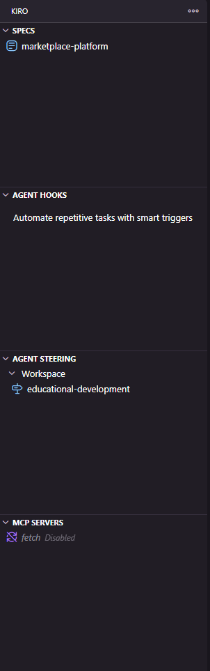 Kiro specs, agent hooks, agent steering, and MCP servers interface