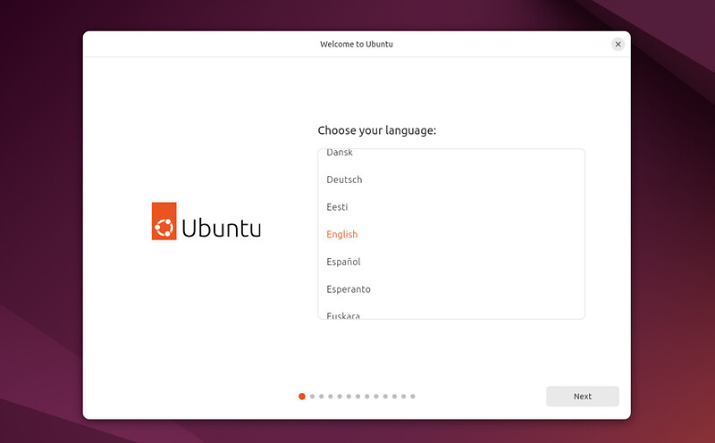Ubuntu language selection screen